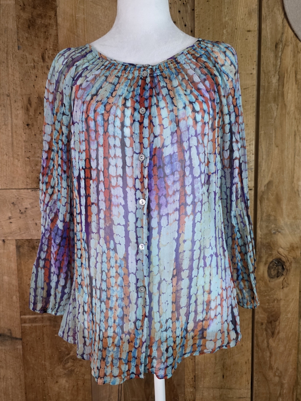 Sundance 100% Silk Watercolor Print Peasant Blouse L Boho Button